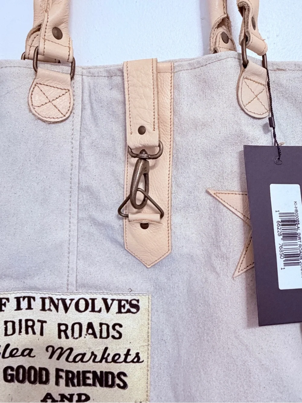 Vintage Addiction Canvas Tote Bag with Patch Accent in Beige new with tags!